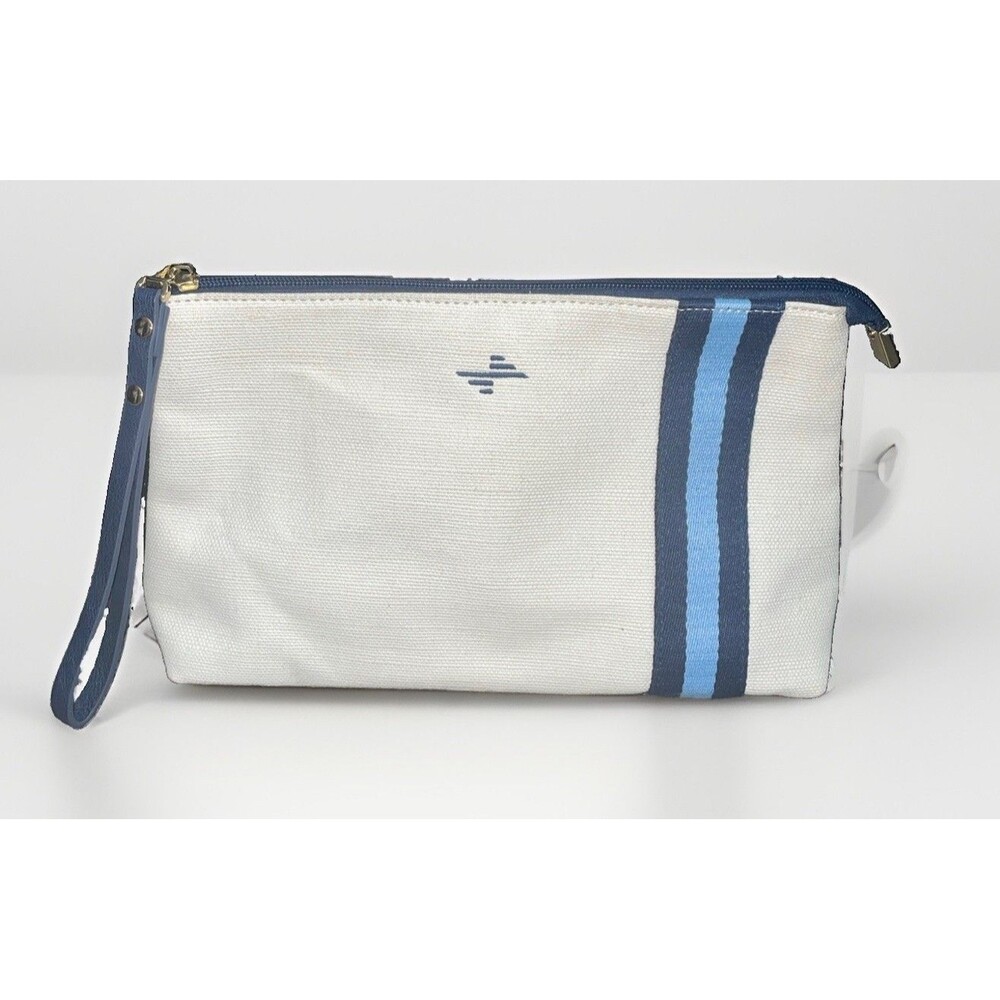Helen Jon White Canvas Wristlet Clutch Navy Stripe Zip Pouch 12in